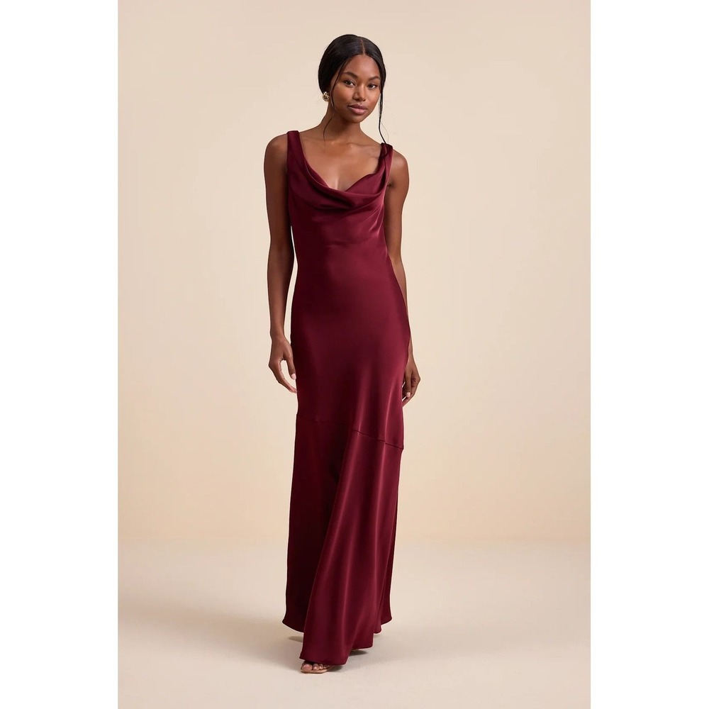 Lulus NWOT Aernah Wine Red Satin Cowl Tie-Back Slip Maxi Dress - XS
